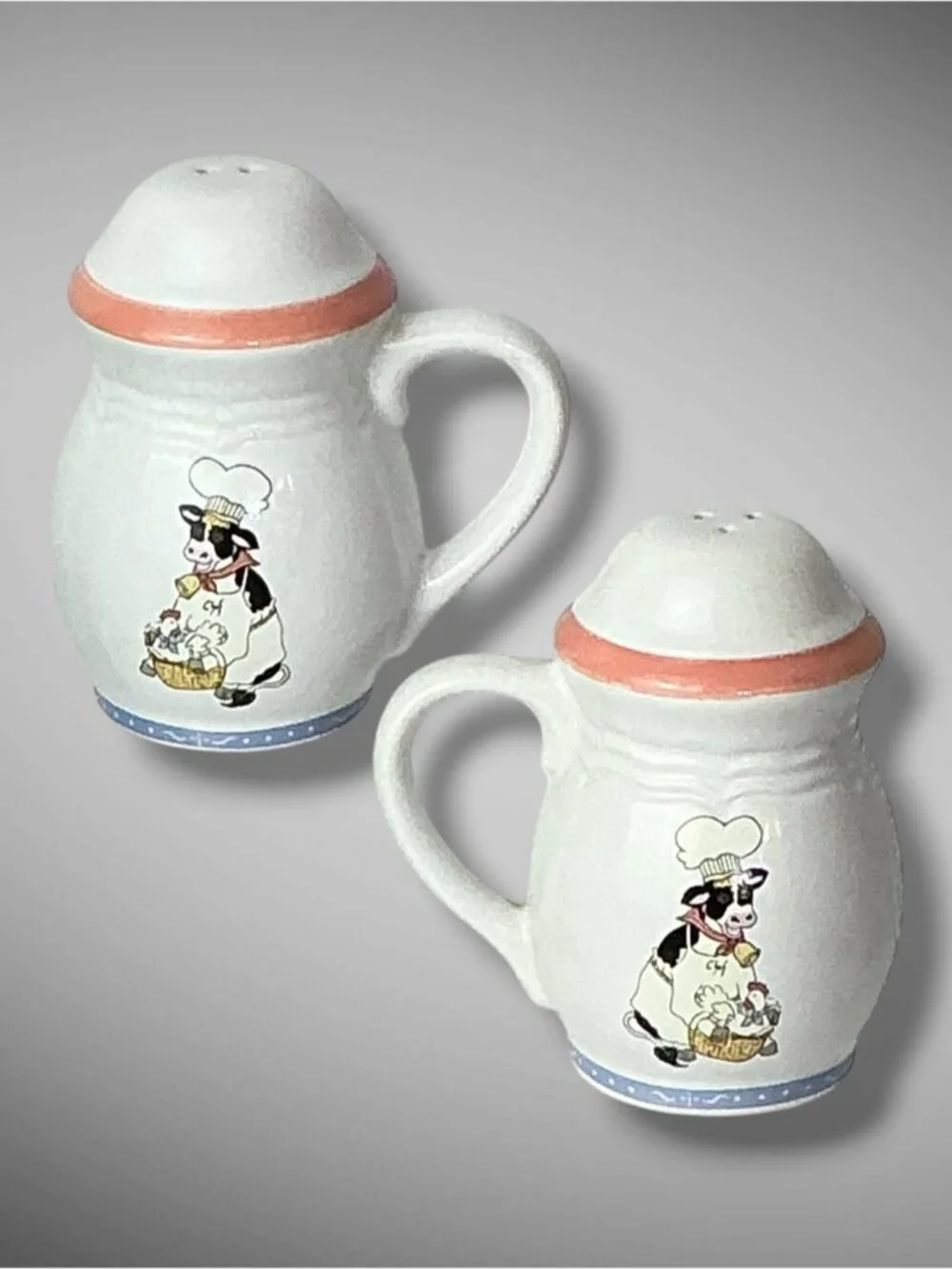 Vintage Cow Chef Salt Pepper Shakers White Mauve Pink & Blue 1880’s Collectible